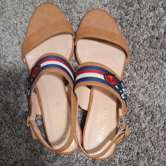 Lady Godiva Embroidered Strappy Sandals - 9 - Tan Leather - Picture 7 of 11